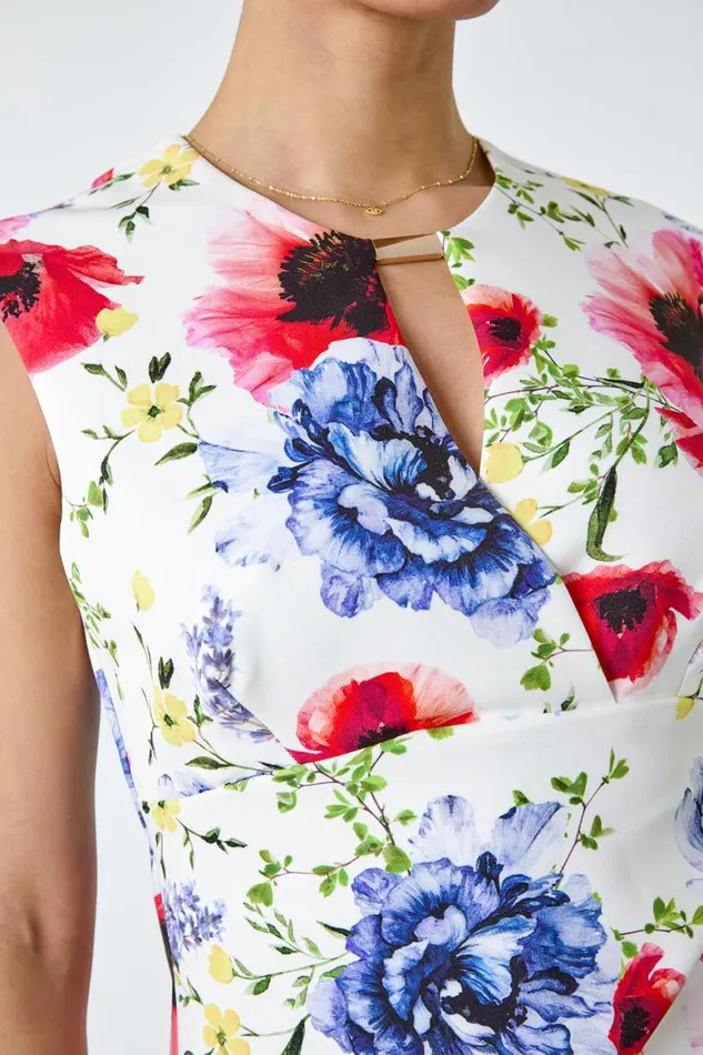 Women Ivory Floral Print Ruched Shift Stretch Dress Roman Dresses