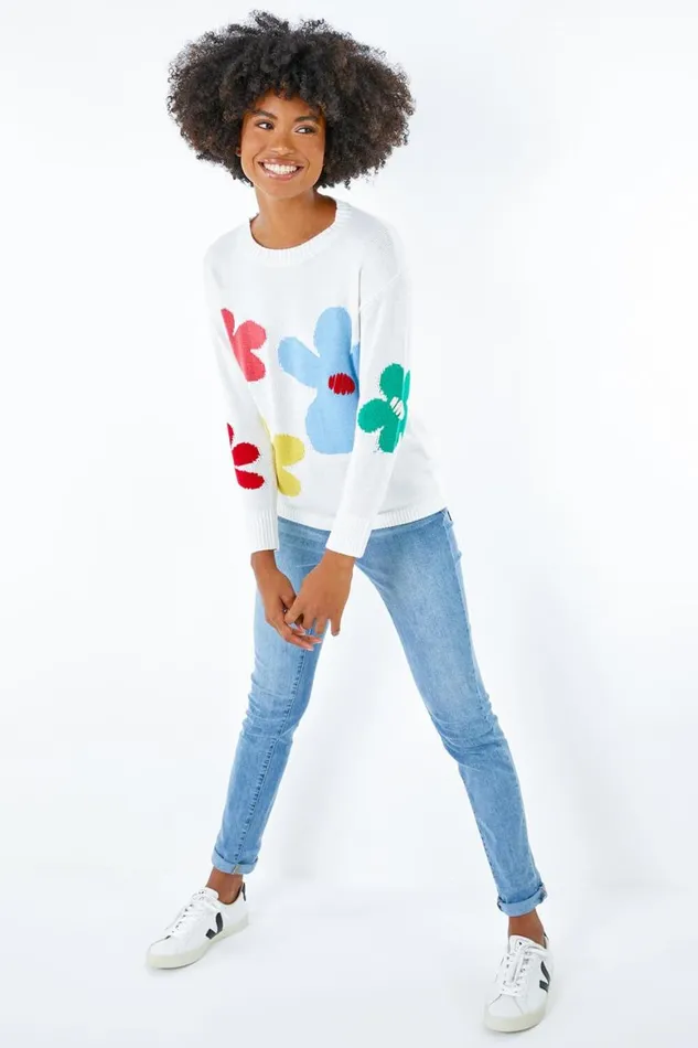 Women Ivory Oversized Floral Print Jumper Roman Knitwear