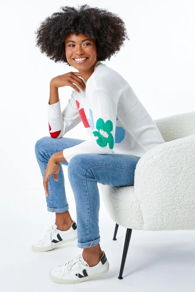 Women Ivory Oversized Floral Print Jumper Roman Knitwear