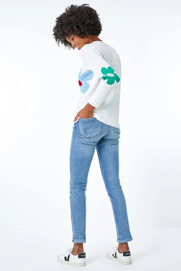Women Ivory Oversized Floral Print Jumper Roman Knitwear