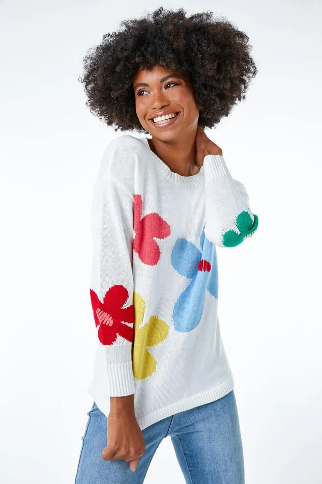Women Ivory Oversized Floral Print Jumper Roman Knitwear