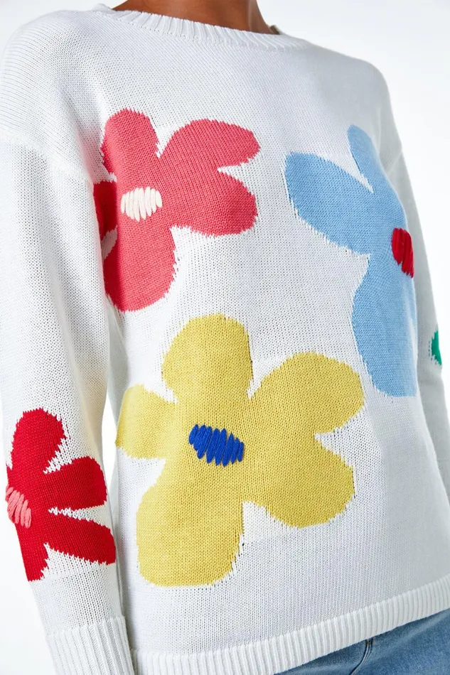 Women Ivory Oversized Floral Print Jumper Roman Knitwear