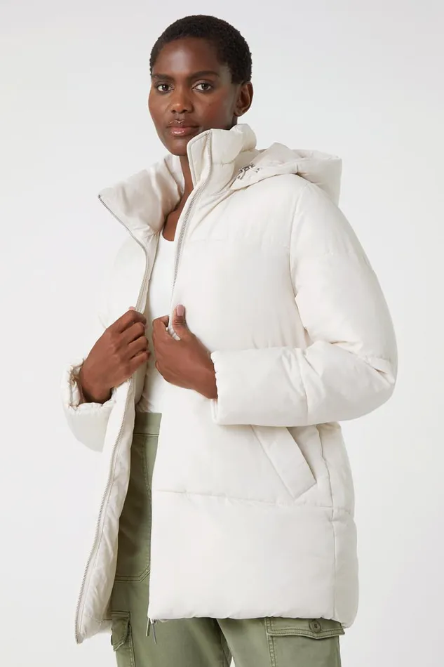 Women Ivory Padded Hooded Mid Length Coat Roman Coats
