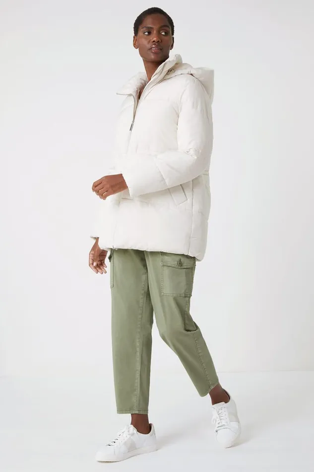 Women Ivory Padded Hooded Mid Length Coat Roman Coats