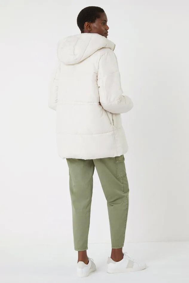 Women Ivory Padded Hooded Mid Length Coat Roman Coats