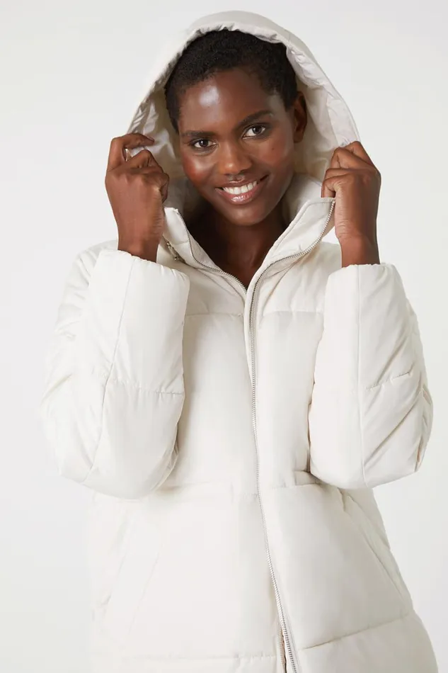 Women Ivory Padded Hooded Mid Length Coat Roman Coats
