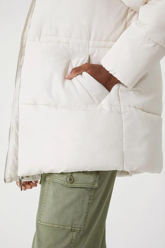 Women Ivory Padded Hooded Mid Length Coat Roman Coats
