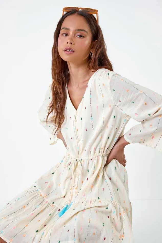 Women Ivory Petite Cotton Embroidered Smock Dress Roman Dresses