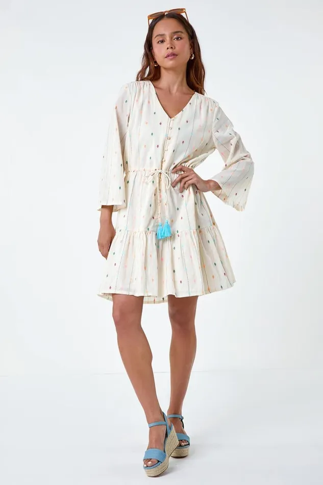 Women Ivory Petite Cotton Embroidered Smock Dress Roman Dresses