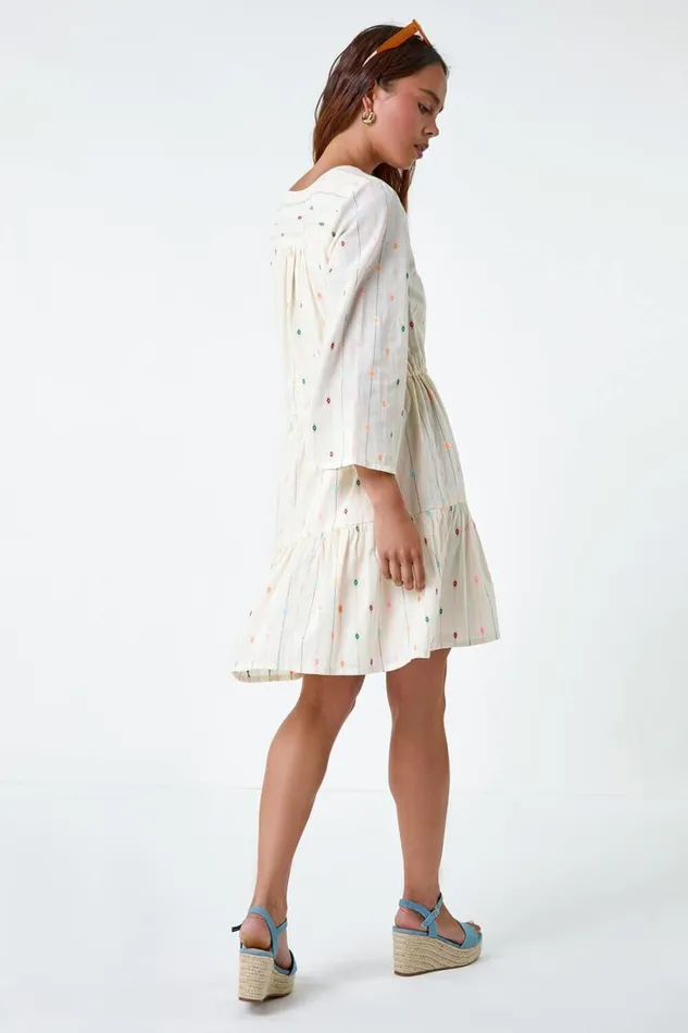 Women Ivory Petite Cotton Embroidered Smock Dress Roman Dresses