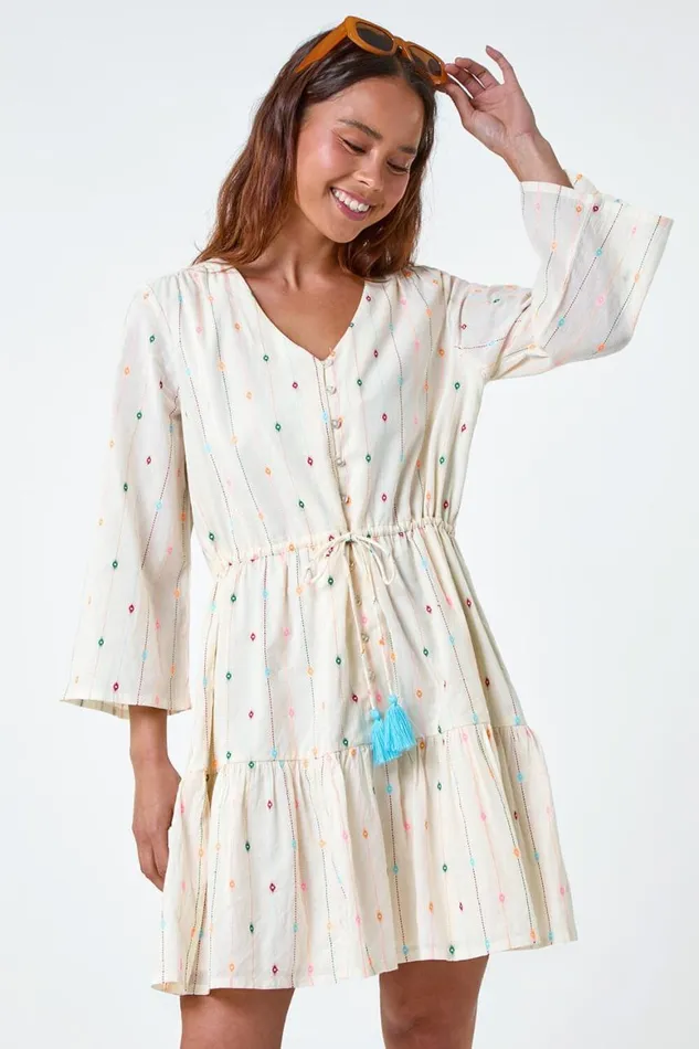 Women Ivory Petite Cotton Embroidered Smock Dress Roman Dresses
