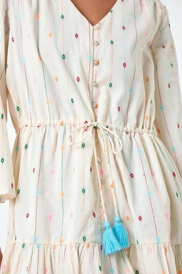 Women Ivory Petite Cotton Embroidered Smock Dress Roman Dresses