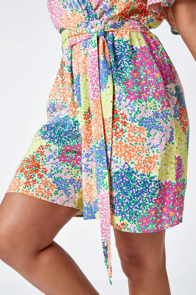 Women Ivory Petite Ditsy Floral Belted Playsuit Roman Dresses