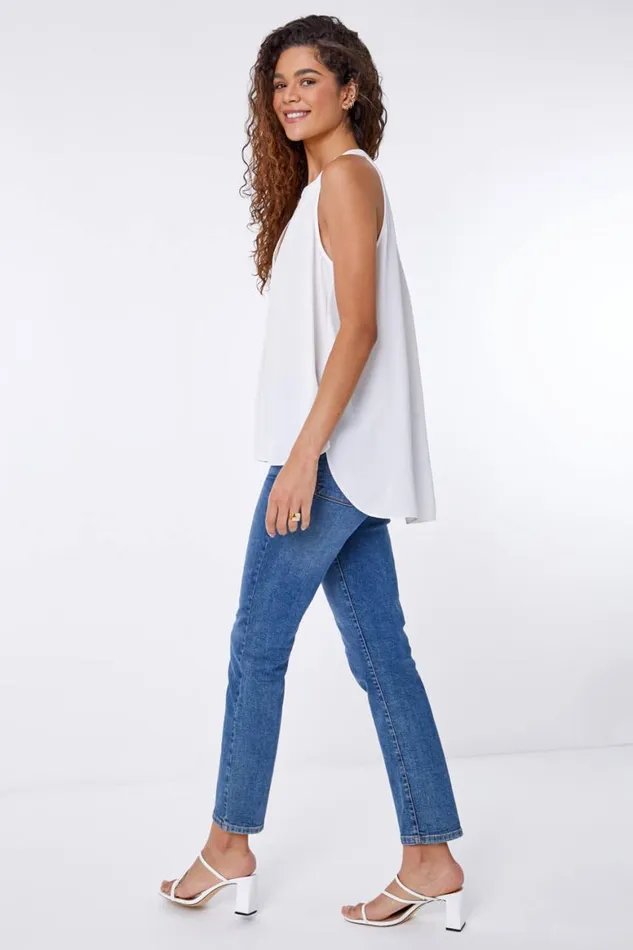 Women Ivory Plain Dipped Hem Chiffon Vest Top Roman Tops