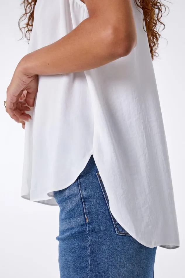 Women Ivory Plain Dipped Hem Chiffon Vest Top Roman Tops