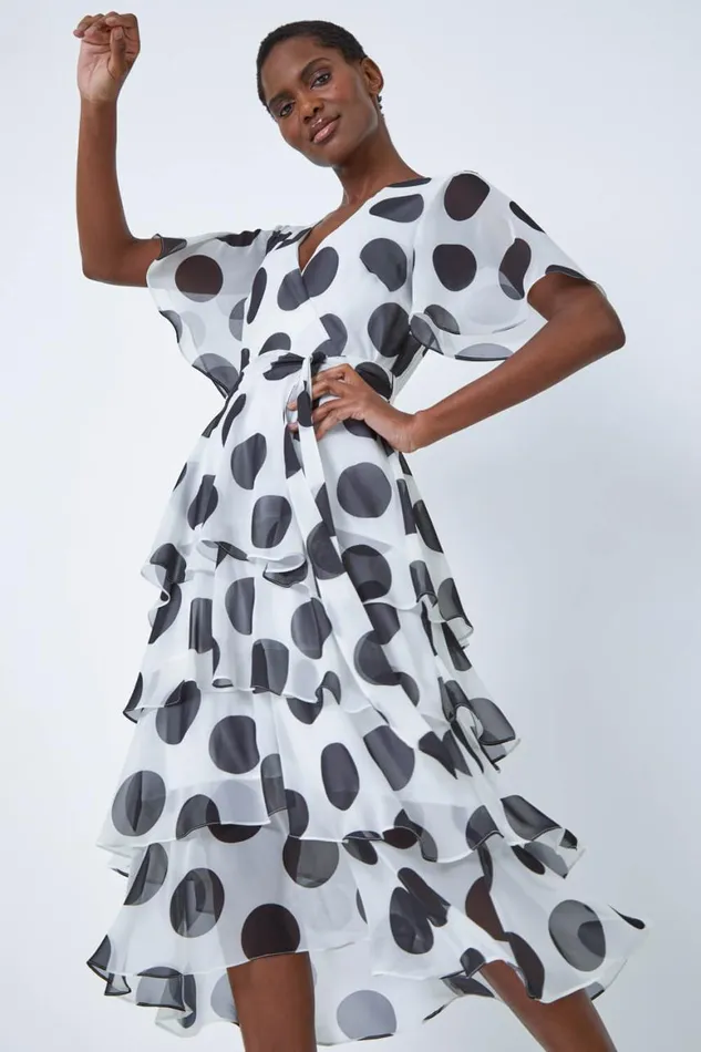 Women Ivory Polka Dot Chiffon Frill Tiered Midi Dress Roman Dresses
