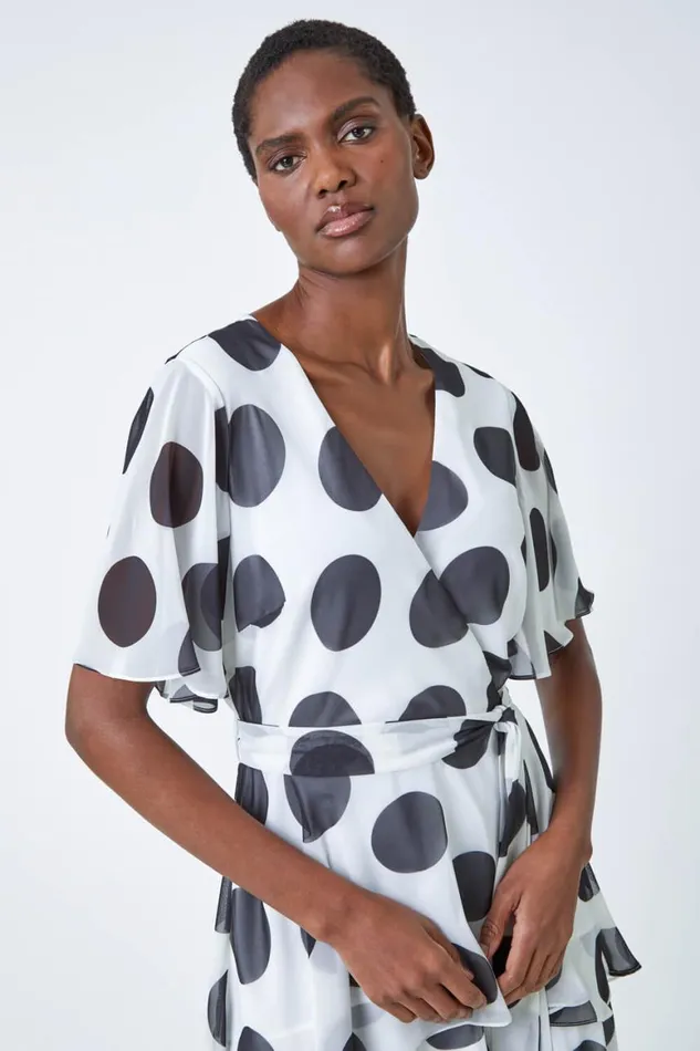 Women Ivory Polka Dot Chiffon Frill Tiered Midi Dress Roman Dresses