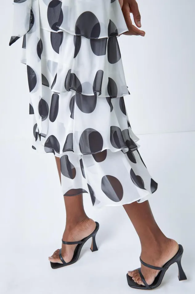 Women Ivory Polka Dot Chiffon Frill Tiered Midi Dress Roman Dresses