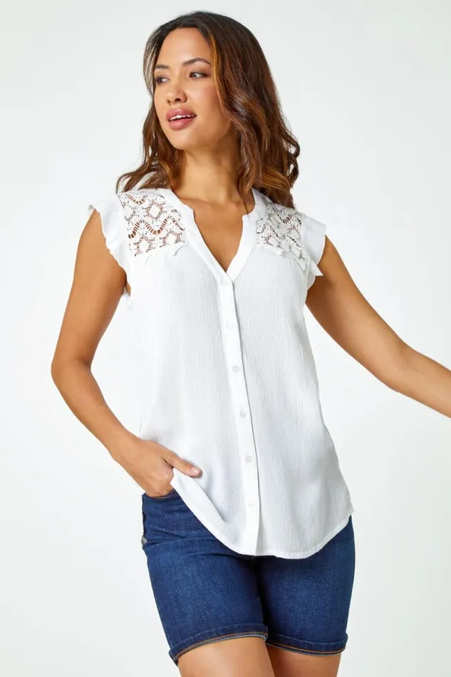 Women Ivory Sleeveless Lace Detail Blouse Roman Tops
