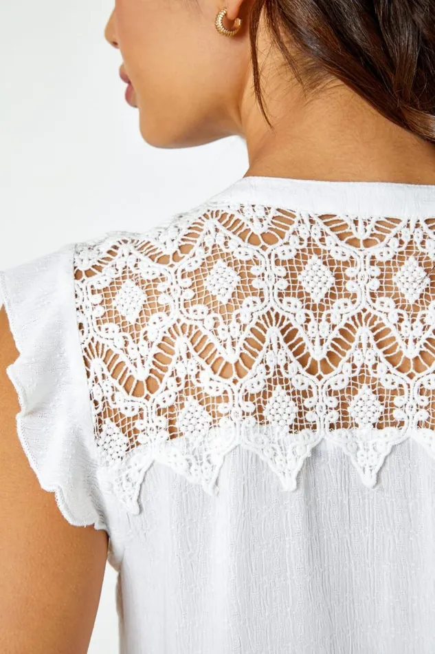 Women Ivory Sleeveless Lace Detail Blouse Roman Tops