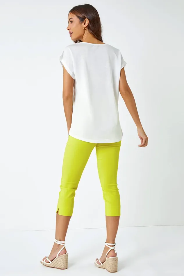 Women Ivory Sparkle Palm Print Cut Out TShirt Roman Tops
