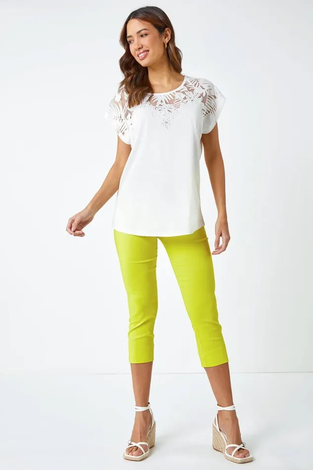 Women Ivory Sparkle Palm Print Cut Out TShirt Roman Tops