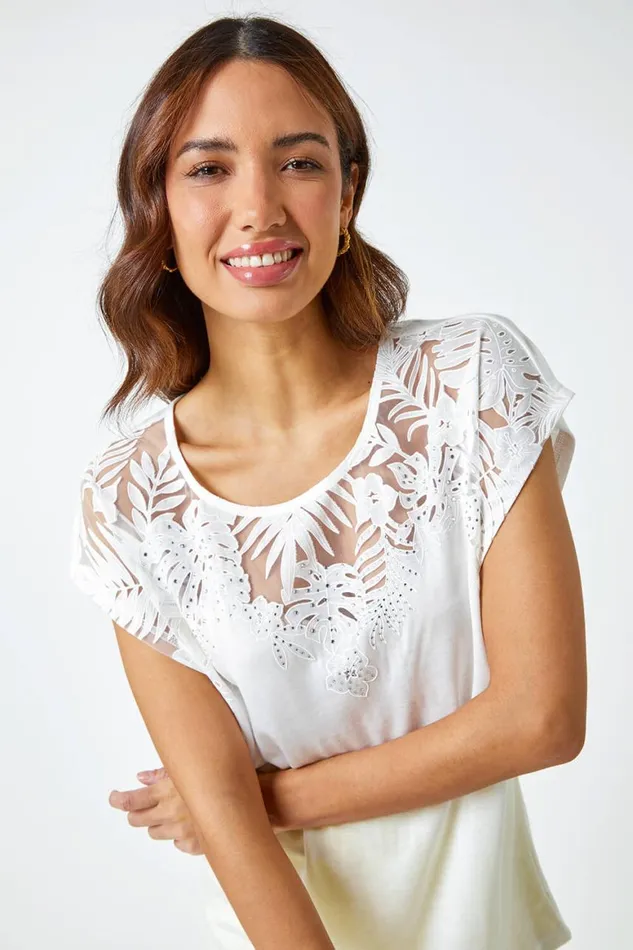 Women Ivory Sparkle Palm Print Cut Out TShirt Roman Tops