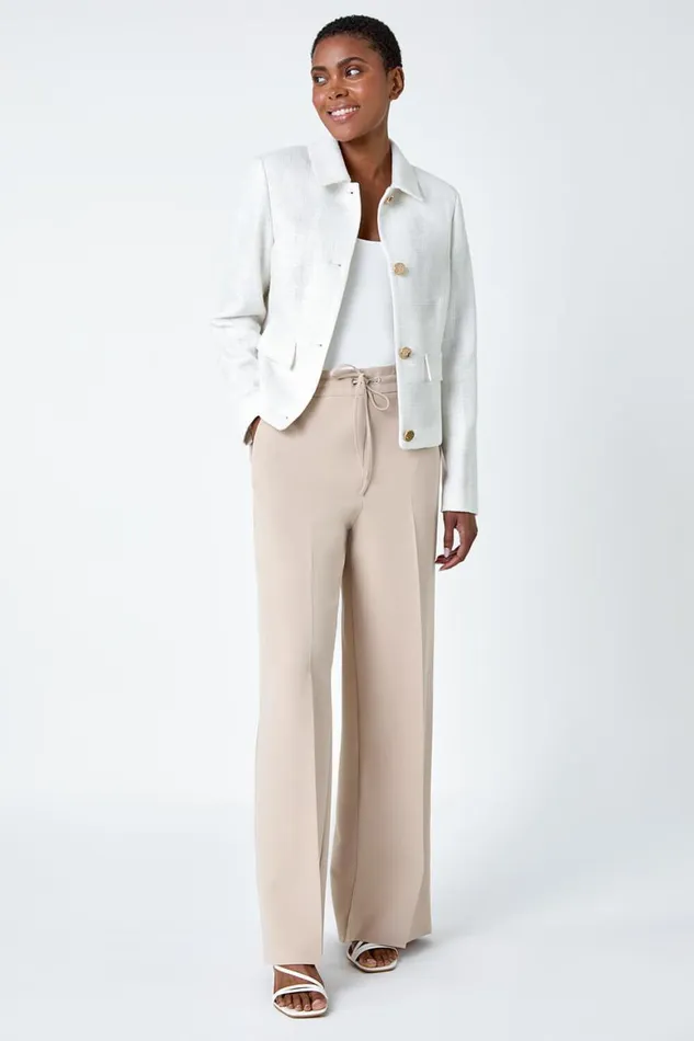 Women Ivory Textured Button Detail Boucle Jacket Roman Occasionwear