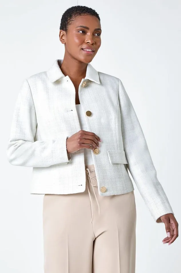 Women Ivory Textured Button Detail Boucle Jacket Roman Occasionwear