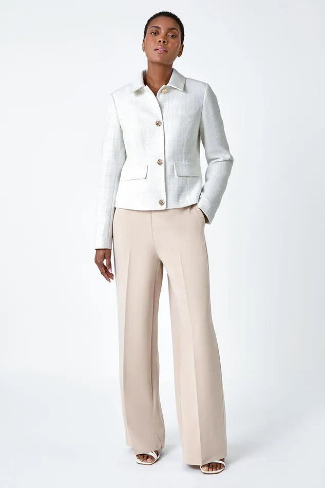 Women Ivory Textured Button Detail Boucle Jacket Roman Occasionwear