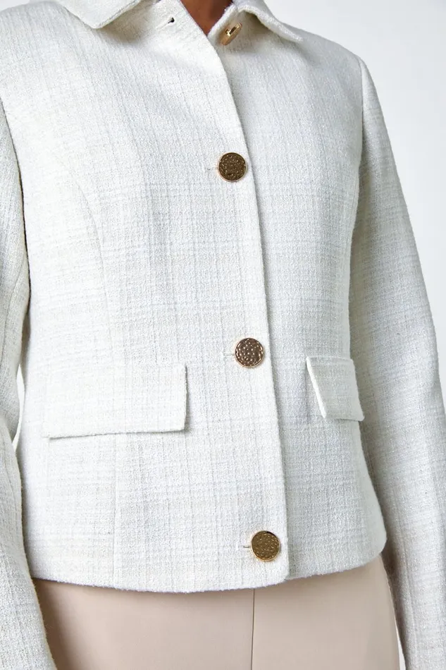 Women Ivory Textured Button Detail Boucle Jacket Roman Occasionwear