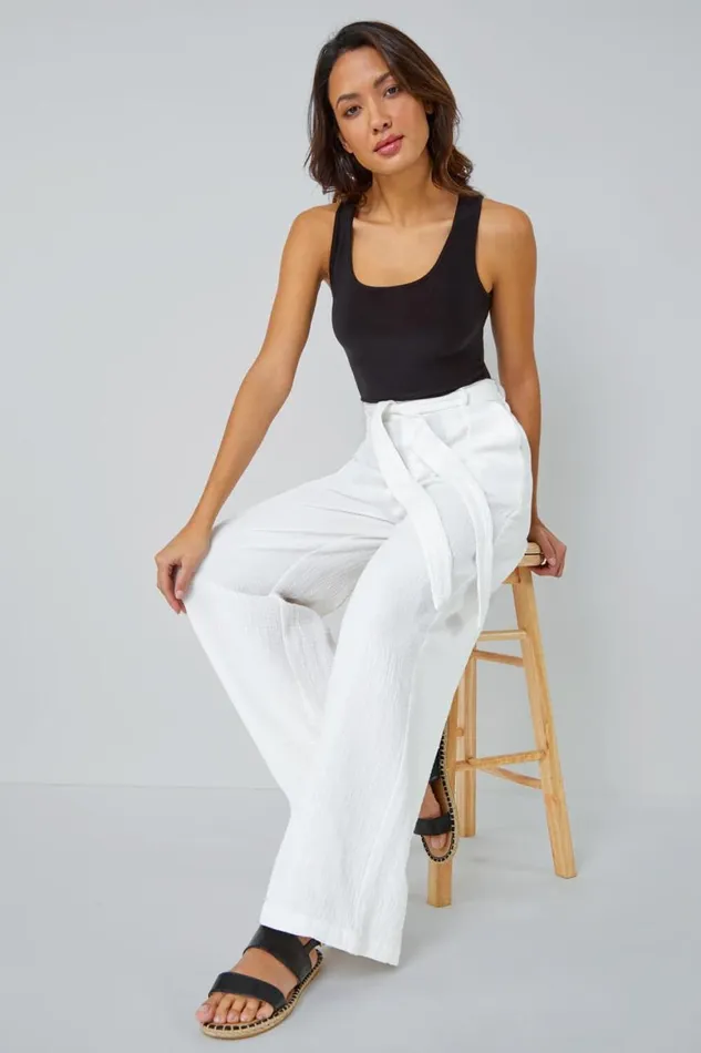 Women Ivory Textured Cotton Wide Leg Trousers Roman Trousers