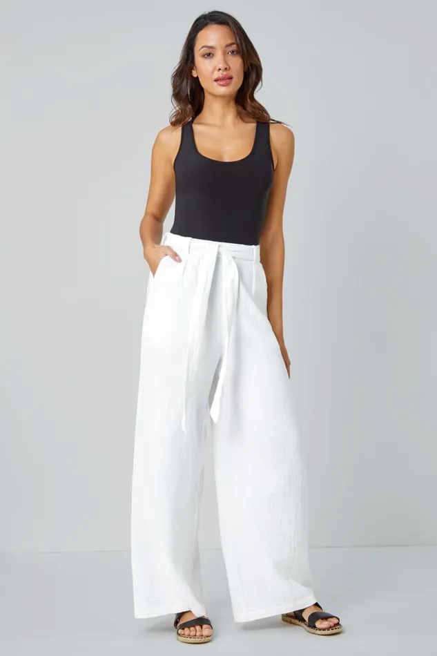 Women Ivory Textured Cotton Wide Leg Trousers Roman Trousers