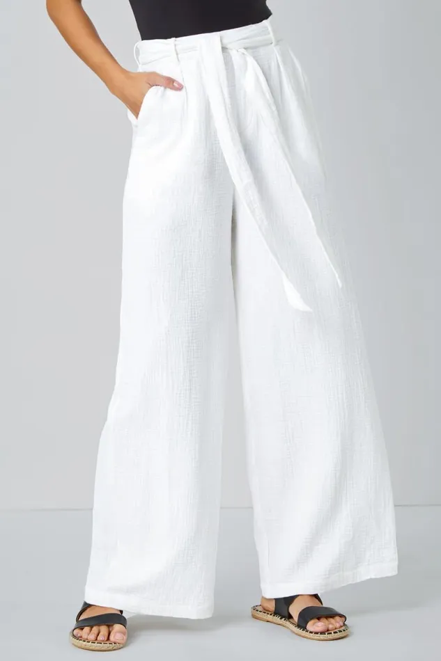 Women Ivory Textured Cotton Wide Leg Trousers Roman Trousers