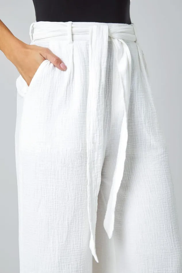 Women Ivory Textured Cotton Wide Leg Trousers Roman Trousers