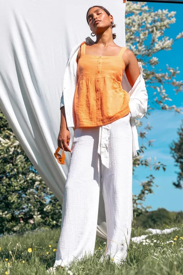 Women Ivory Textured Cotton Wide Leg Trousers Roman Trousers