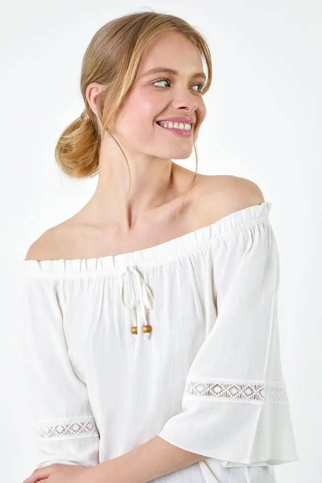 Women Ivory Tie Detail Stretch Neck Bardot Top Roman Tops