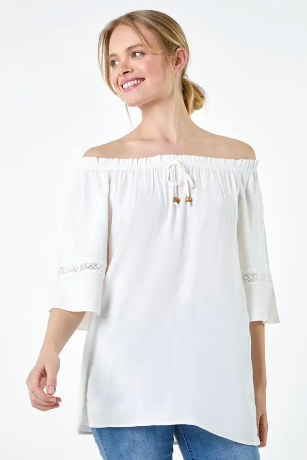 Women Ivory Tie Detail Stretch Neck Bardot Top Roman Tops