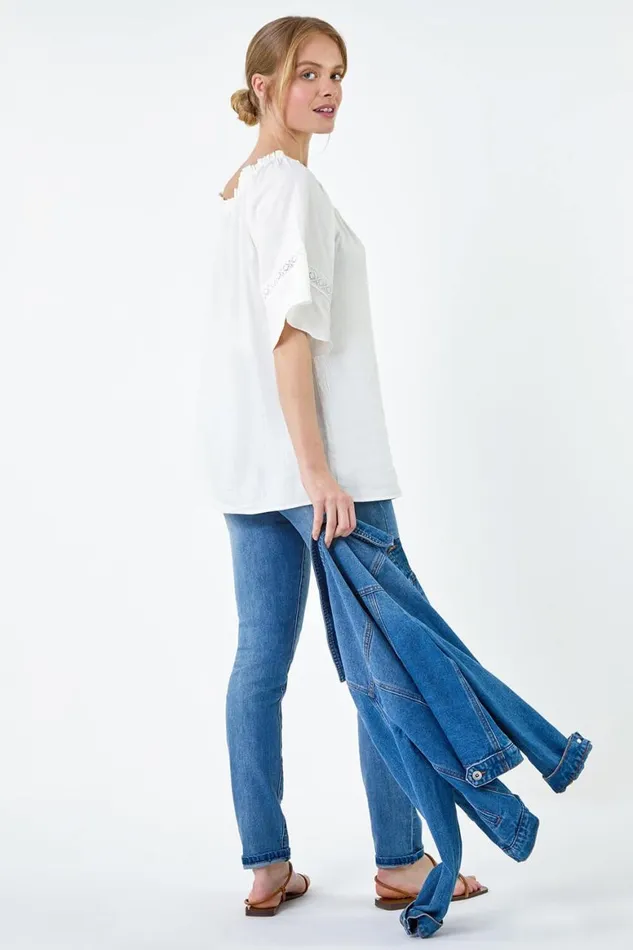 Women Ivory Tie Detail Stretch Neck Bardot Top Roman Tops
