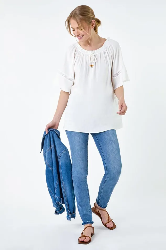 Women Ivory Tie Detail Stretch Neck Bardot Top Roman Tops