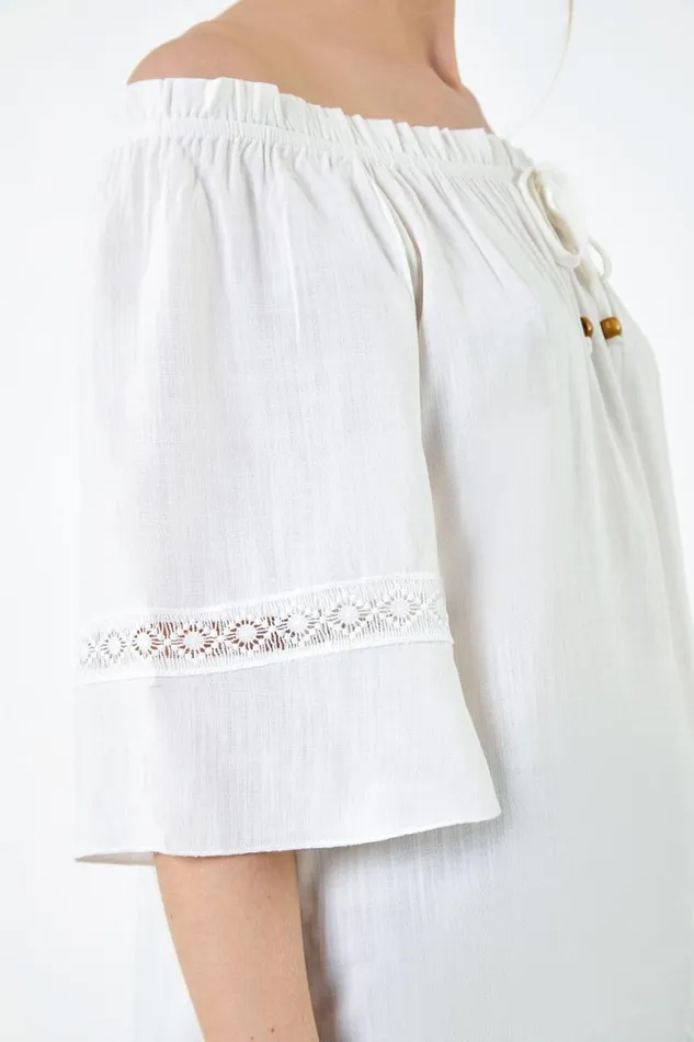 Women Ivory Tie Detail Stretch Neck Bardot Top Roman Tops