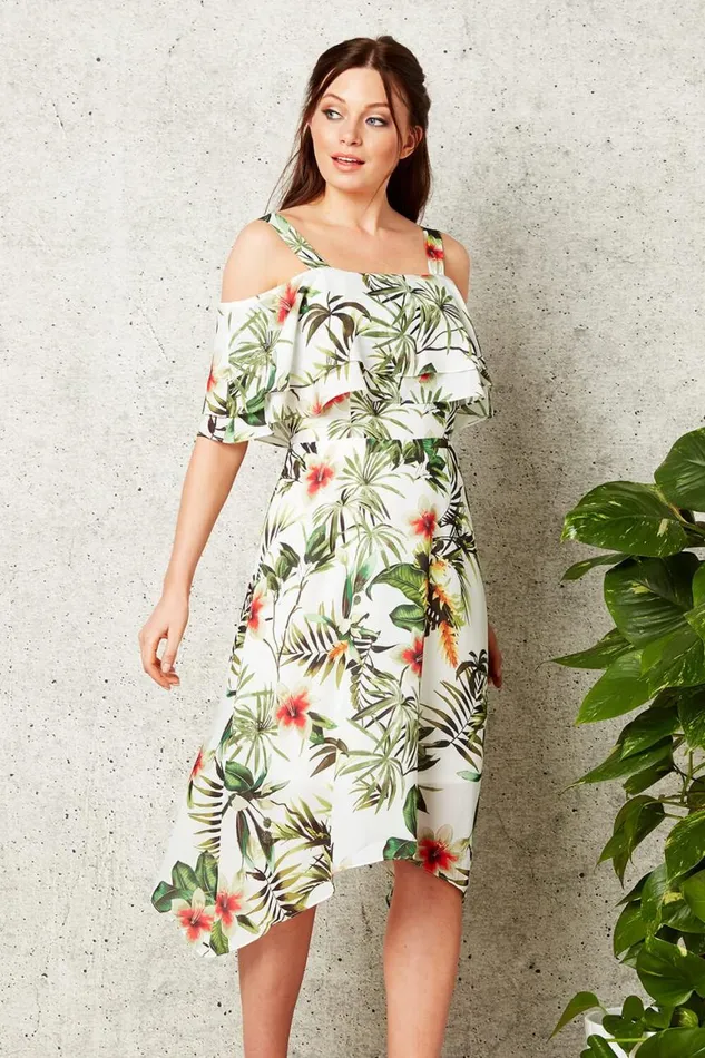 Women Ivory Tropical Print Hanky Hem Dress Roman Dresses