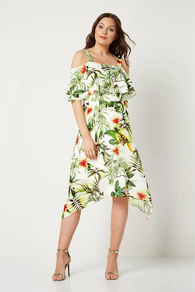 Women Ivory Tropical Print Hanky Hem Dress Roman Dresses