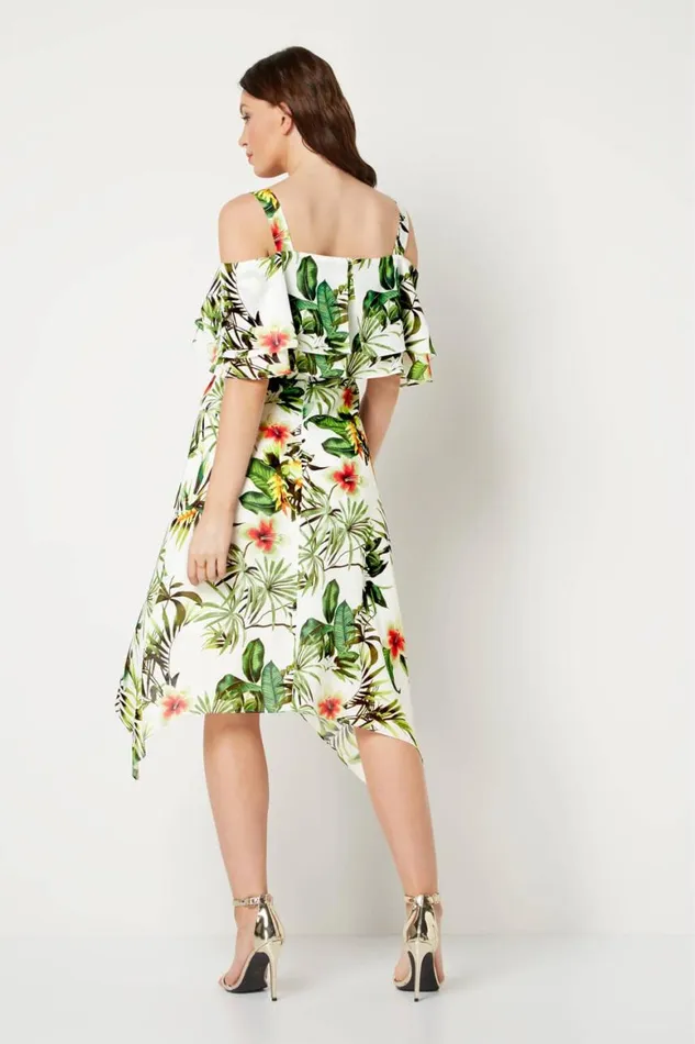 Women Ivory Tropical Print Hanky Hem Dress Roman Dresses