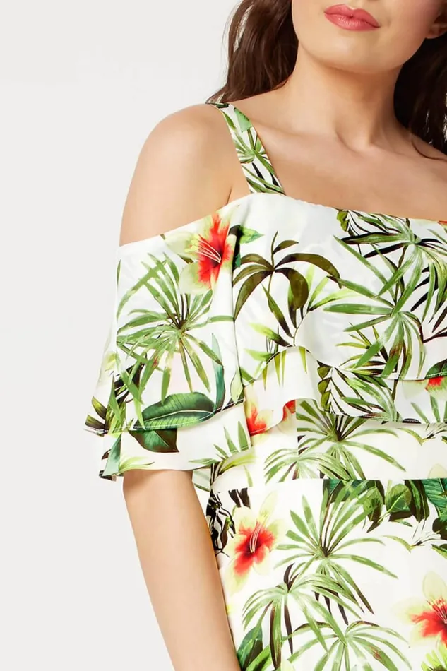 Women Ivory Tropical Print Hanky Hem Dress Roman Dresses