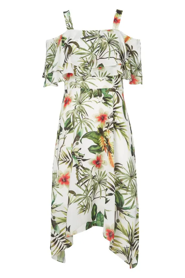 Women Ivory Tropical Print Hanky Hem Dress Roman Dresses