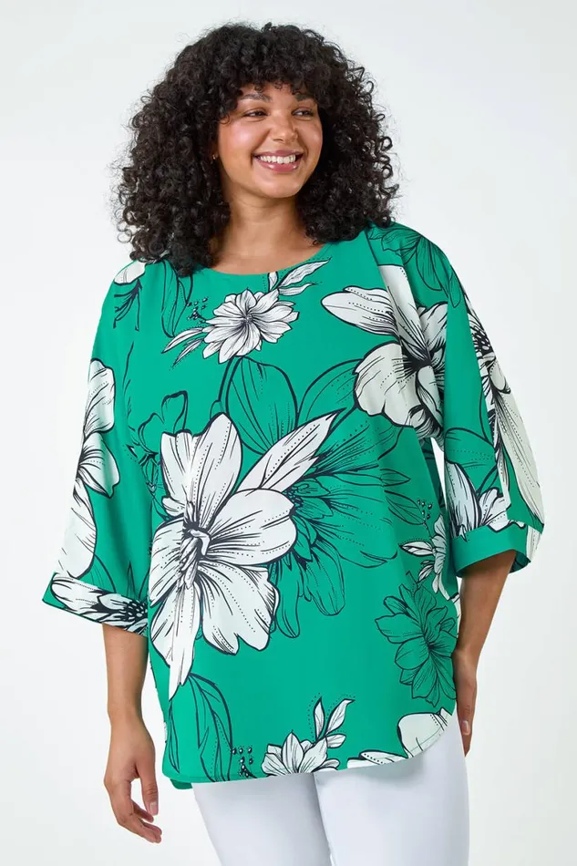 Women Jade Curve Floral Print Dipped Hem Top Roman Tops