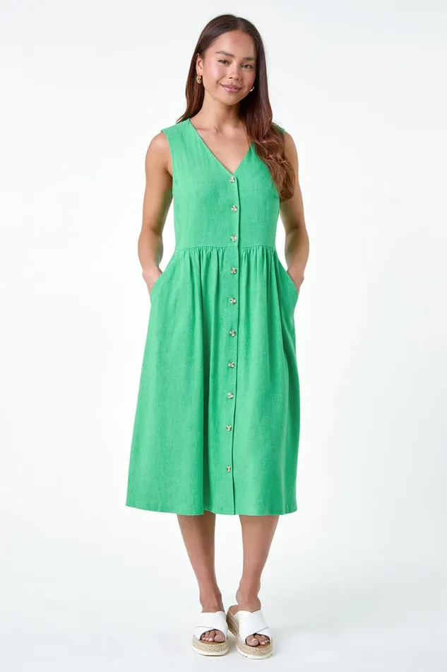 Women Jade Petite Linen Blend Pocket Button Midi Dress Roman Dresses