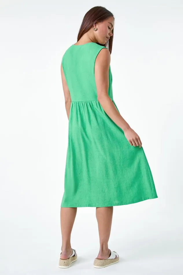 Women Jade Petite Linen Blend Pocket Button Midi Dress Roman Dresses