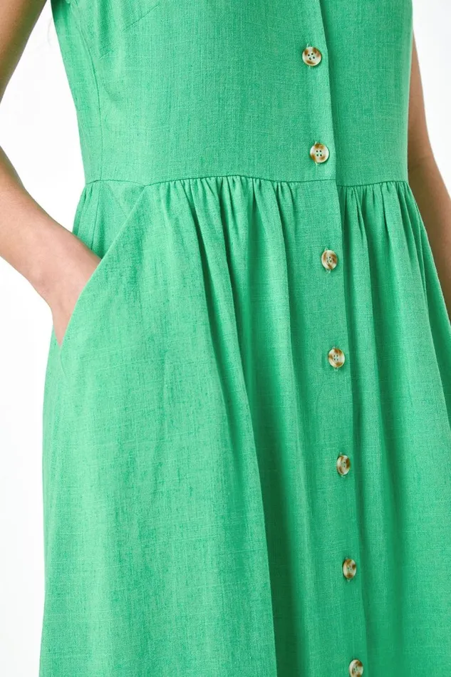 Women Jade Petite Linen Blend Pocket Button Midi Dress Roman Dresses